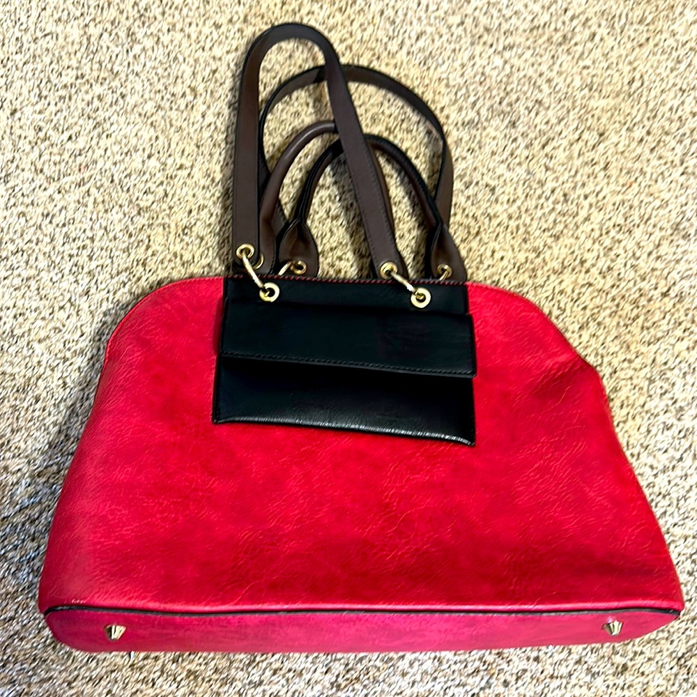 Vegan red leather with black cell phone pocket
